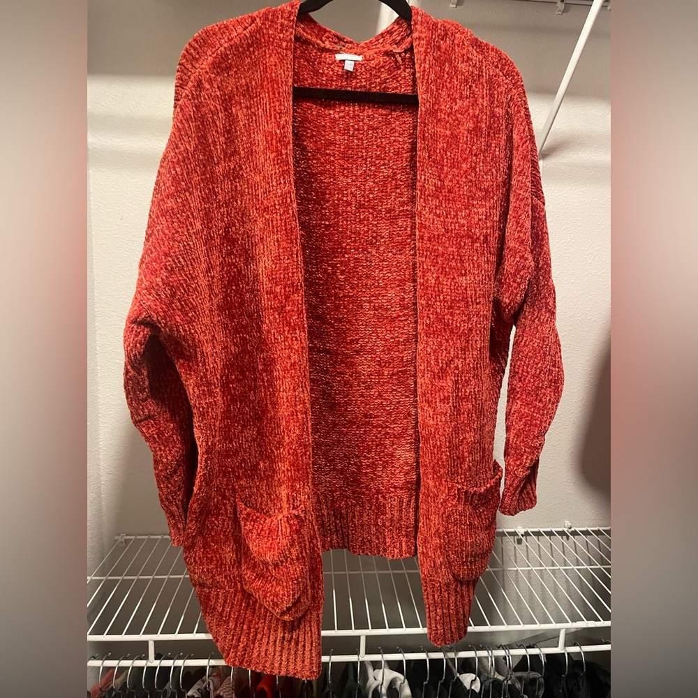 soft red cardigan with pockets